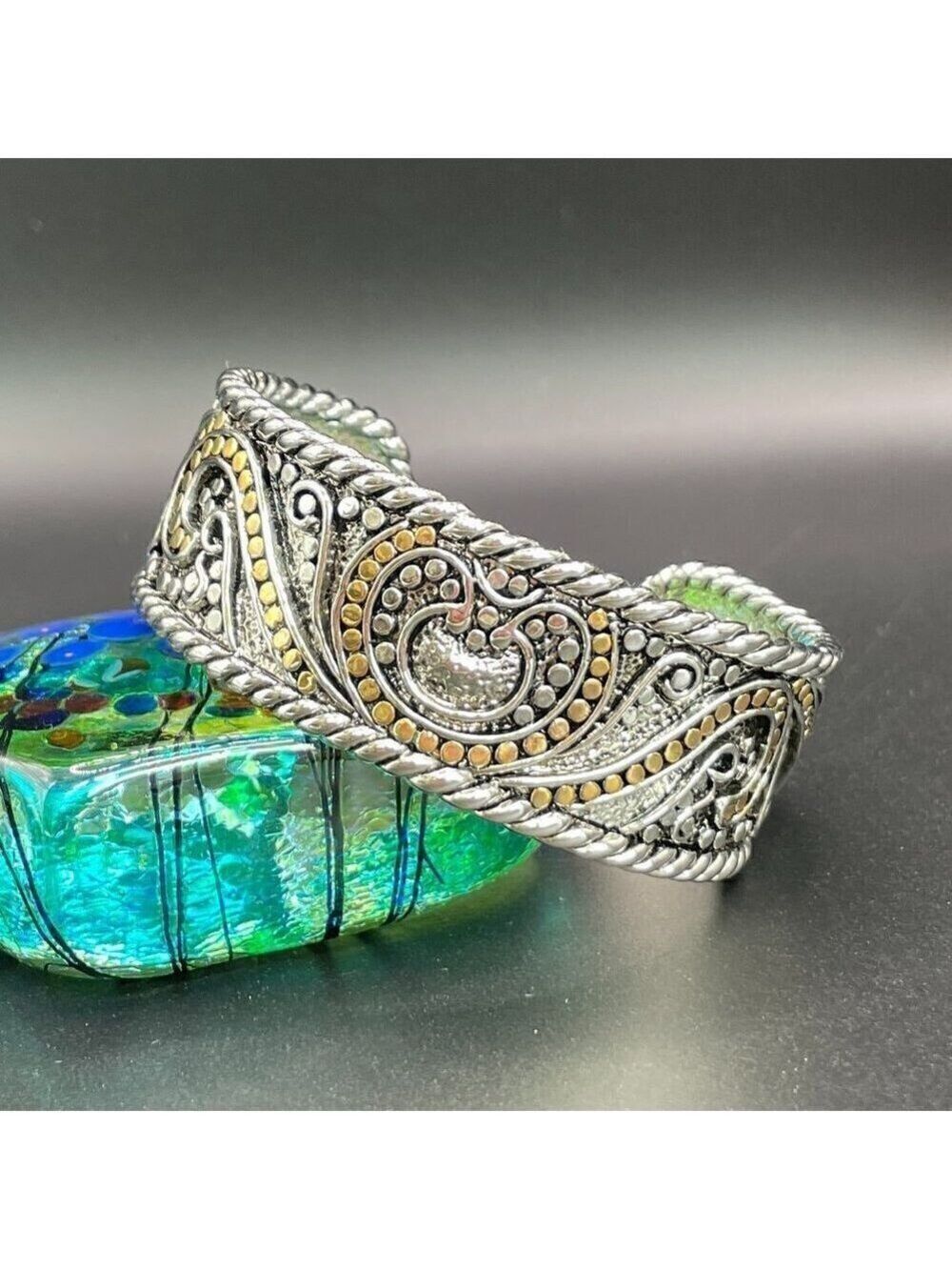 Two Tone Cuff Bracelet Silver and Gold Tones #1347